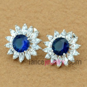 Gorgeous stud earrings with copper alloy decorated blue cubic zirconia 