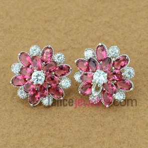 Sweet stud earrings with copper alloy decorated red cubic zirconia with flower shape
