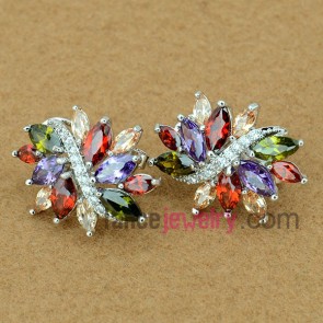 Colorful stud earrings with copper alloy decorated multicolor cubic zirconia with special shape