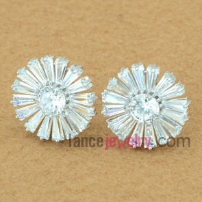 Elegant stud earrings with copper alloy decorated transparent cubic zirconia with  sunflower model