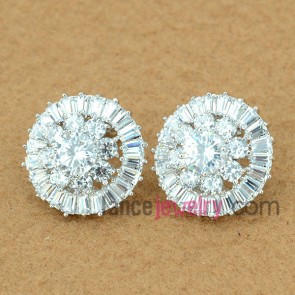 Sweet stud earrings with copper alloy decorated transparent cubic zirconia with cute flower shape