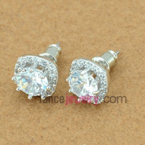 Cute stud earrings with copper alloy decorated transparent cubic zirconia 