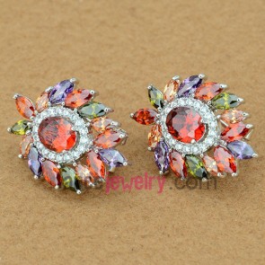 Colorful stud earrings with copper alloy decorated multicolor cubic zirconia with flower shape