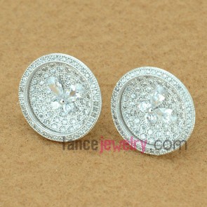 Sweet stud earrings with copper alloy decorated transparent cubic zirconia with cute circle