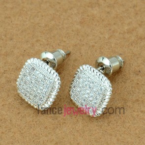 Cute stud earrings with copper alloy decorated transparent cubic zirconia with quadrangle shape