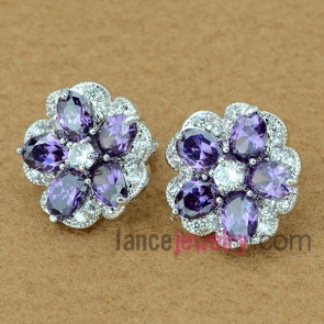 Delicate violet color zirconia decorated stud earrings