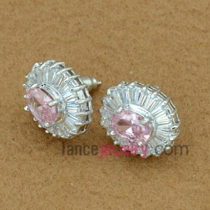 Fashion pink color zirconia decorated stud earrings