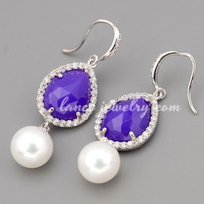 Fashion earrings with purple cubic zirconia & ABS bead decorated 