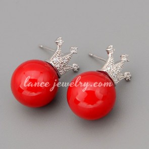 Brilliant earrings with white cubic zirconia &  red ABS bead decorated 
