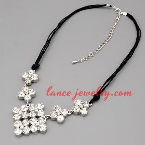 Glittering necklace with black hide rope & zinc alloy pendant 