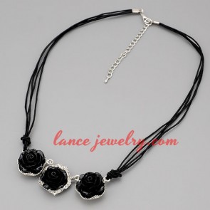 Sweet necklace with black hide rope & rose pendant 