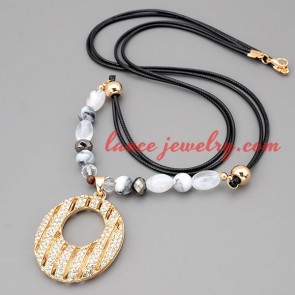 Attractive necklace with black hide rope & ring pendant 