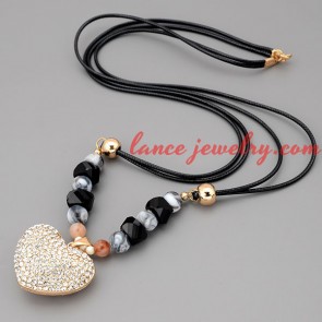 Sweet necklace with black hide rope & heart pendant 