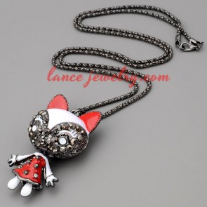 Lovely necklace with metal chain & red cat pendant 