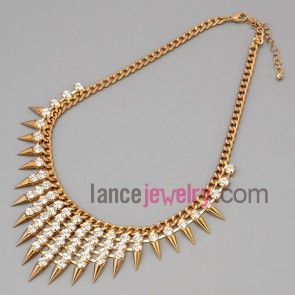 Personality necklace with gold metal chain and brass parts and shiny rhinestone with taper shape
