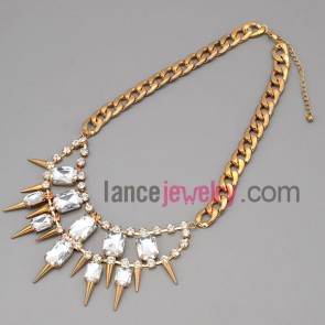 Personality necklace with gold metal chain and brass parts and shiny rhinestone and crystal with taper shape
