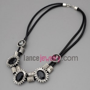 Personality necklace with black hide rope and alloy part decorate black rhinestone with special shape