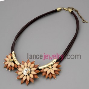 Personality necklace with deep brown hide rope and alloy part decorate multicolor resin with flower model