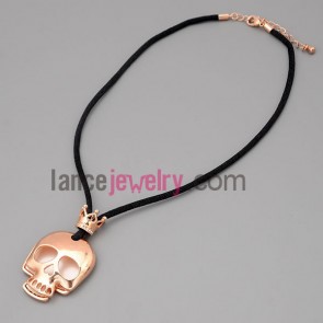 Cool necklace with black hide rope and metal chain & alloy part decorate rhinestone with skeleton model pendant