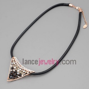 Trendy necklace with black hide rope and metal chain & alloy part decorate rhinestone with 
triangle model 