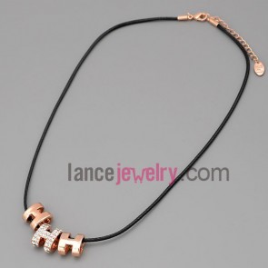Mignon necklace with black hide rope and metal chain & alloy part decorate rhinestone with special shape 