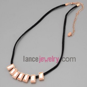 Nice necklace with black hide rope and metal chain & alloy part decorate crystal with rectangle model