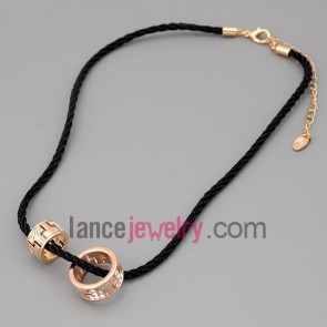 Fashion necklace with black hide rope and metal chain & alloy rings decorate rhinestone 