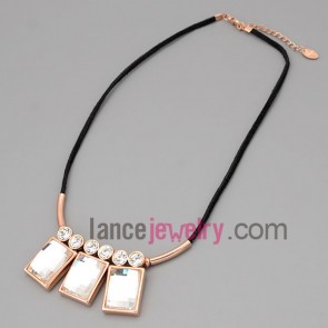 Fashion necklace with black hide rope and metal chain & alloy part decorate rhinestone and crystal pendant