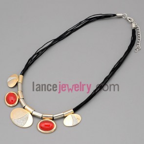 Shiny necklace with black hide rope and metal chain & alloy part decorate red cat eyes and pearl powder 