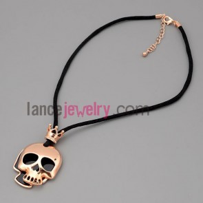 Personality necklace with black hide rope and metal chain & alloy decorate rhinestone with skeleton model
