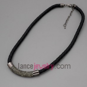 Cool necklace with black hide rope and metal chain & alloy part decorate shiny rhinestone 