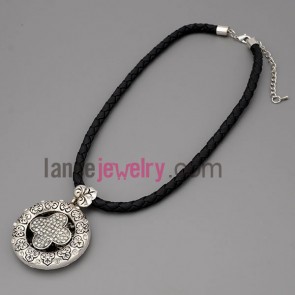 Romantic necklace with black hide rope and metal chain & alloy pendant decorate shiny rhinestone 