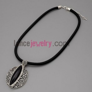 Cool necklace with black hide rope and metal chain & alloy pendant with special shape decorate shiny rhinestone 