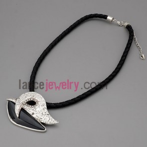 Special necklace with black hide rope and metal chain & alloy pendant with special shape decorate shiny rhinestone 