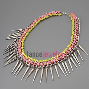 Statement necklace with silver metal chain and multicolor cord and taper pendant