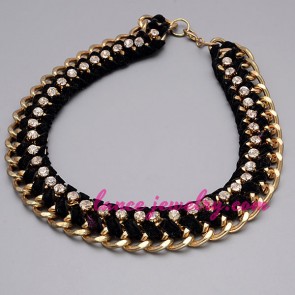 Black ribbon & many rhinestone design necklace