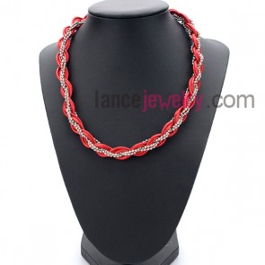 Retro necklace decorated with red cord and small size silver beads
