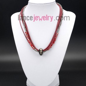 Gorgeous necklace decorated with red crystal and wax rope 
