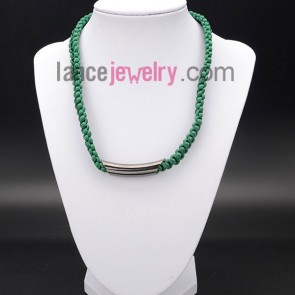 Cute necklace with green korean silk and iron ring 

