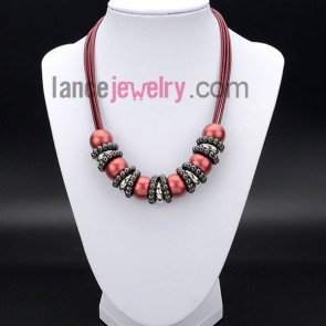 Glittering necklace with red wax rope 
and ccb beads