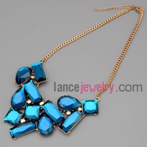 Trendy necklace with gold metal chain & alloy parts and deep blue crystal 

