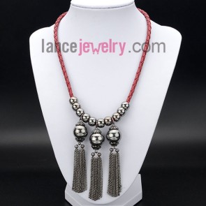 Personality necklace decorated with red leather cord and bead chain pendant
 