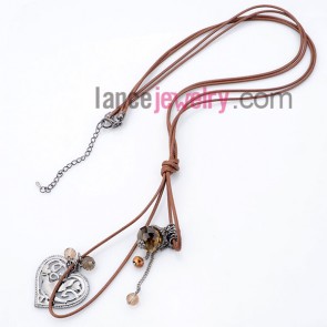 Cute necklace with brown wax rope
and alloy heart  pendant 