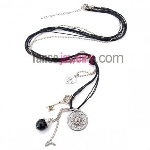 Trendy necklace with wax rope in black and different alloy pendant