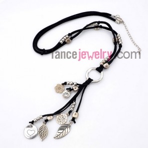 Cool necklace with korean cashmere in black and ccb beads and alloy ring decoreted different pendant 
