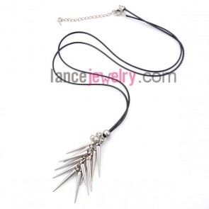 Personality necklace with black wax rope and aolly conical pendant




