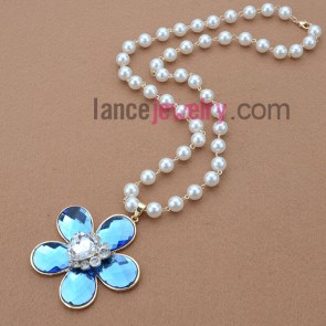 Nice Sweater Chain Necklace,Blue Flower with Glass Decorated