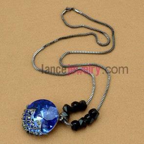 Rhinestone ornate crystal round pendant sweater chain necklace