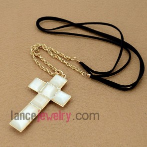 Holy cross necklace with rhinestone & cat eye decoration 