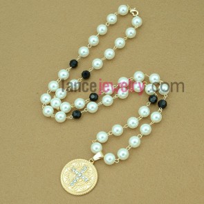 Gold rhinestone cross necklace with pearl 